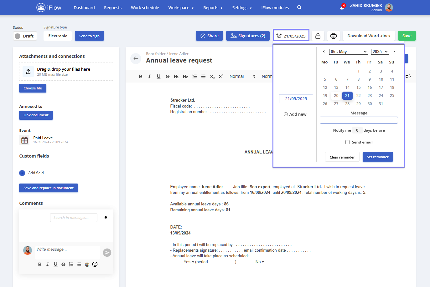 Picture illustrating how to set a reminder for a document in HRiFlow