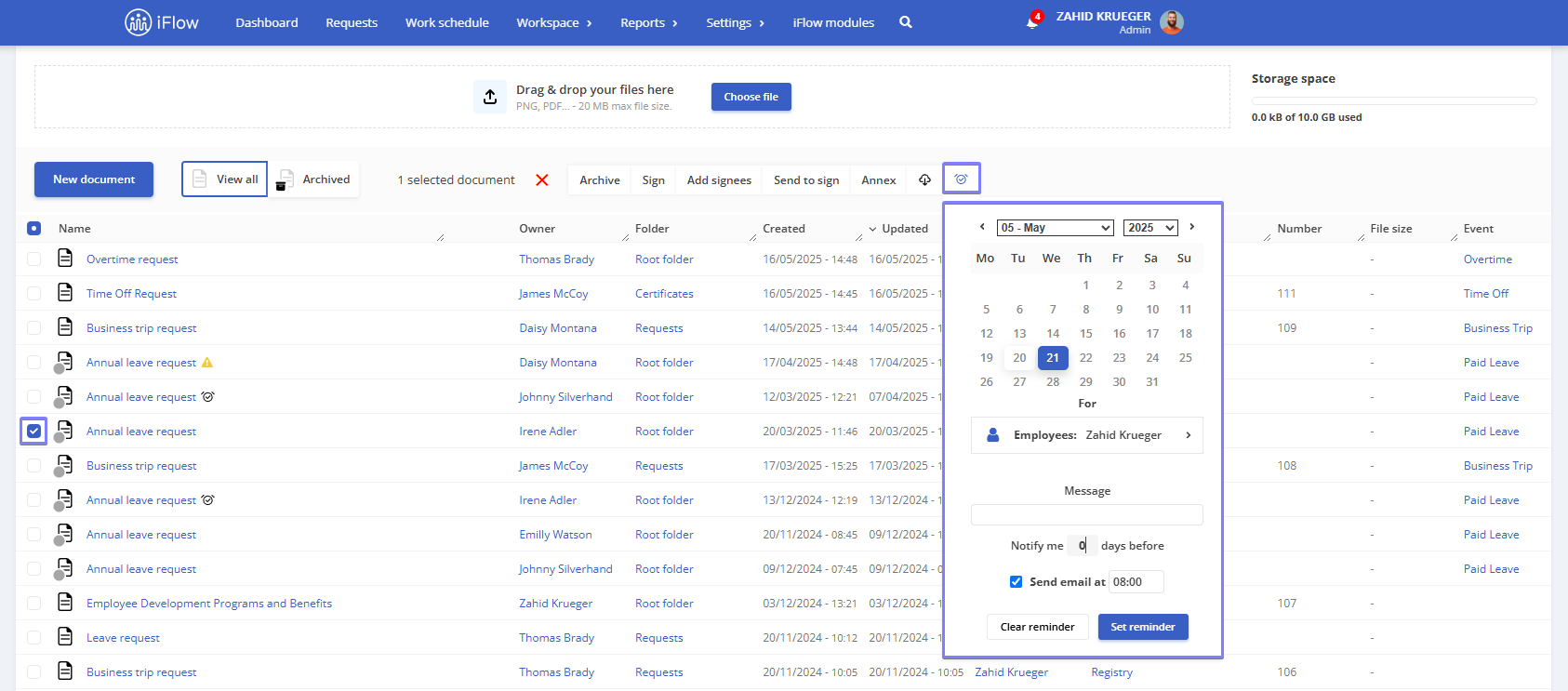 Picture illustrating how to set a reminder for signers in HRiFlow