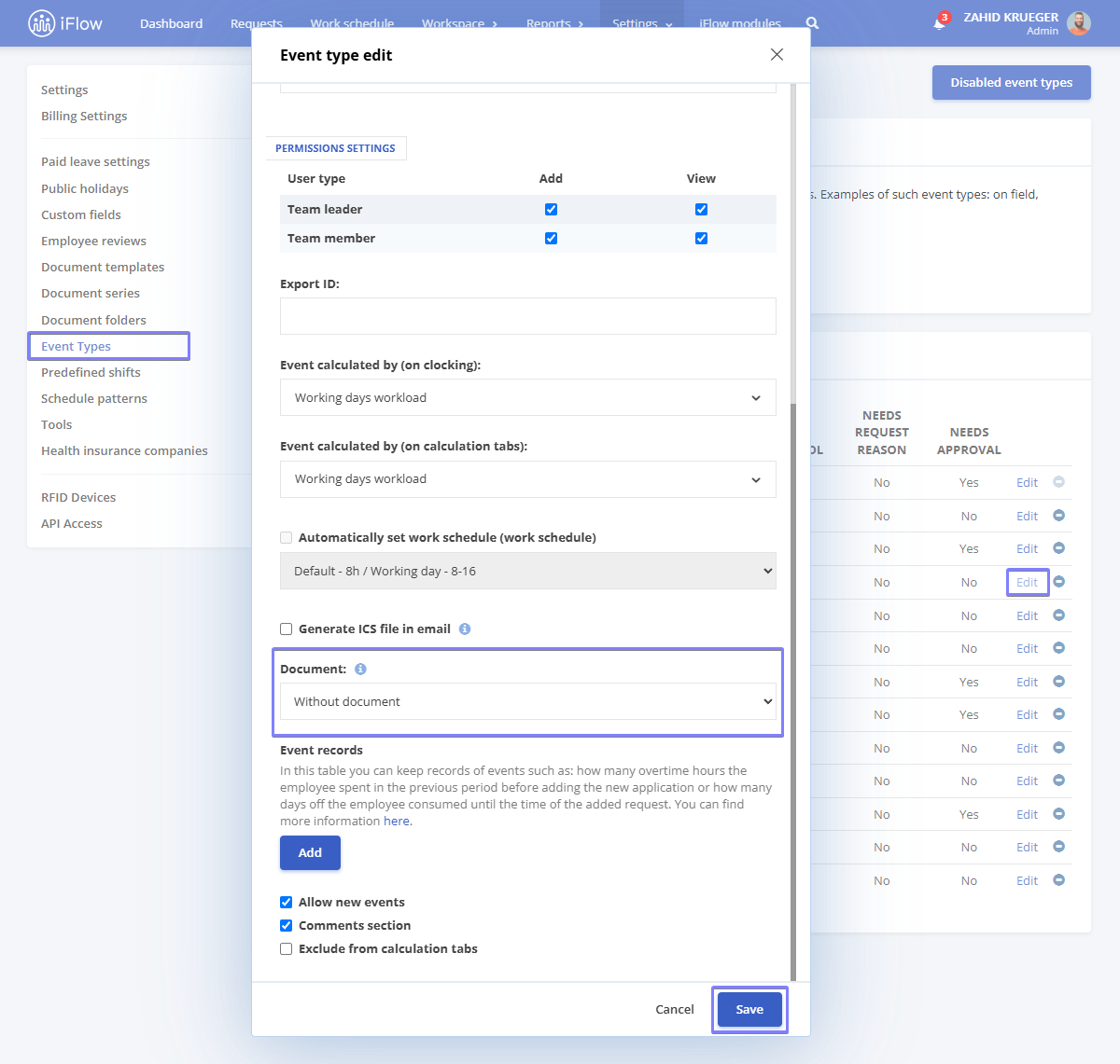 Image from the HRiFlow app illustrating how to set up automatic document generation from an event