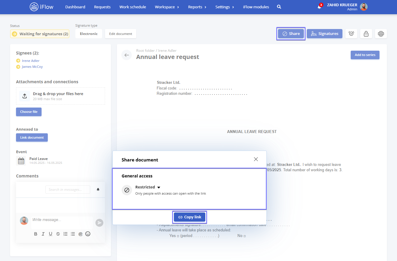 Image from the HRiFlow app illustrating how to share a document