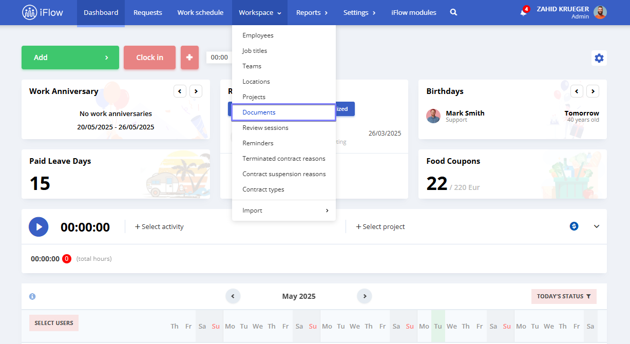 Image from the HRiFlow app illustrating how to access documents as an administrator or hr leader 