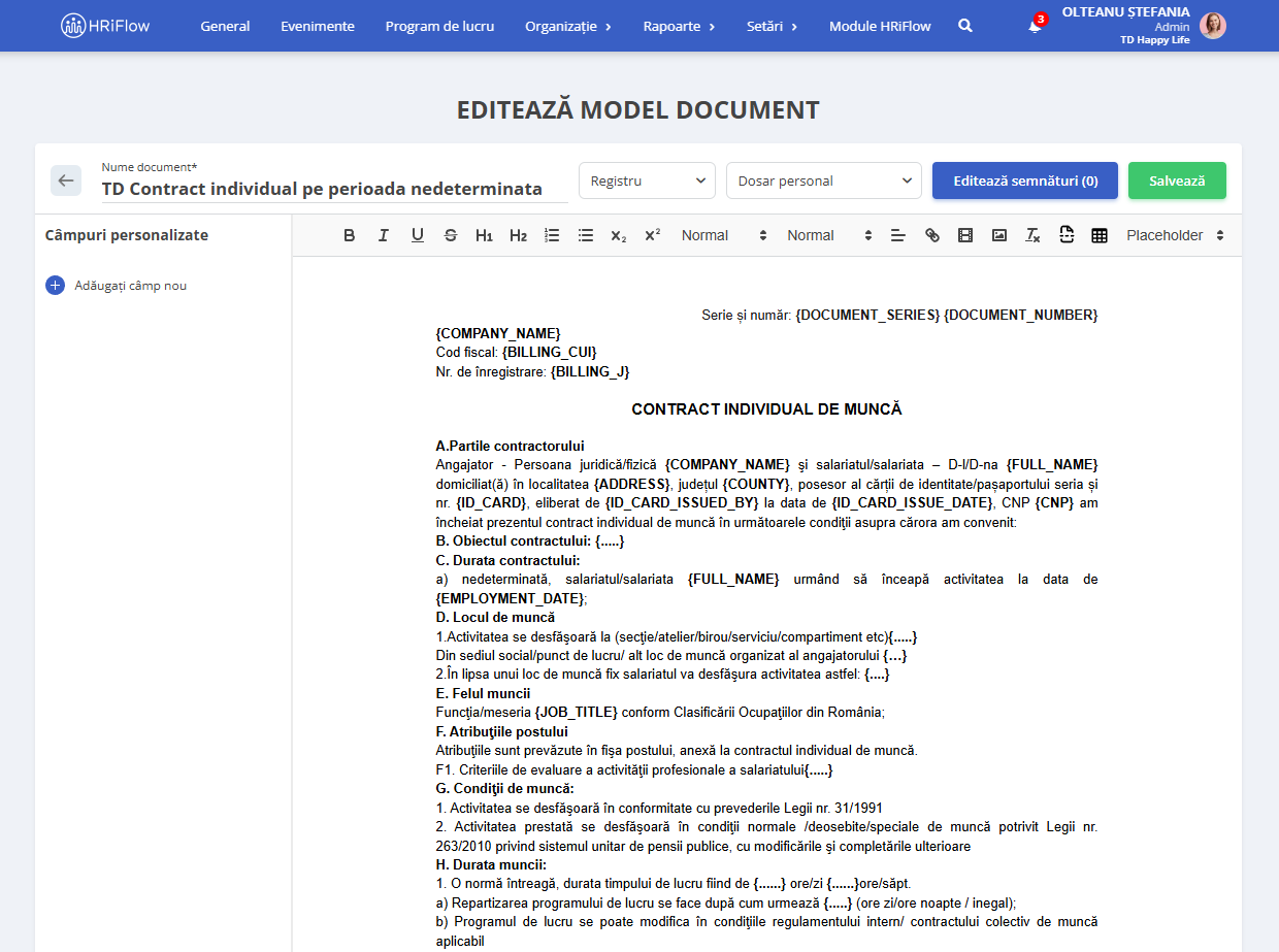 editarea unui document în aplicația HRiFlow