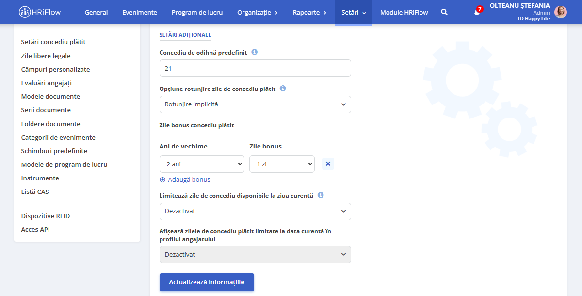 setare zile de odihnă predefinite în HRiFlow