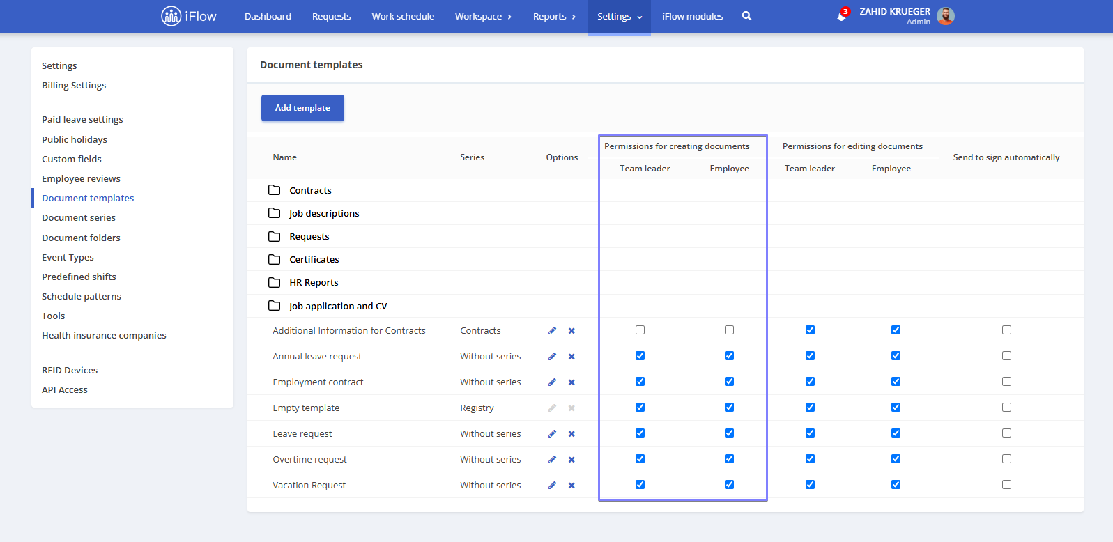 Image from the HRiFlow app illustrating how to set permissions for document templates in HRiFlow