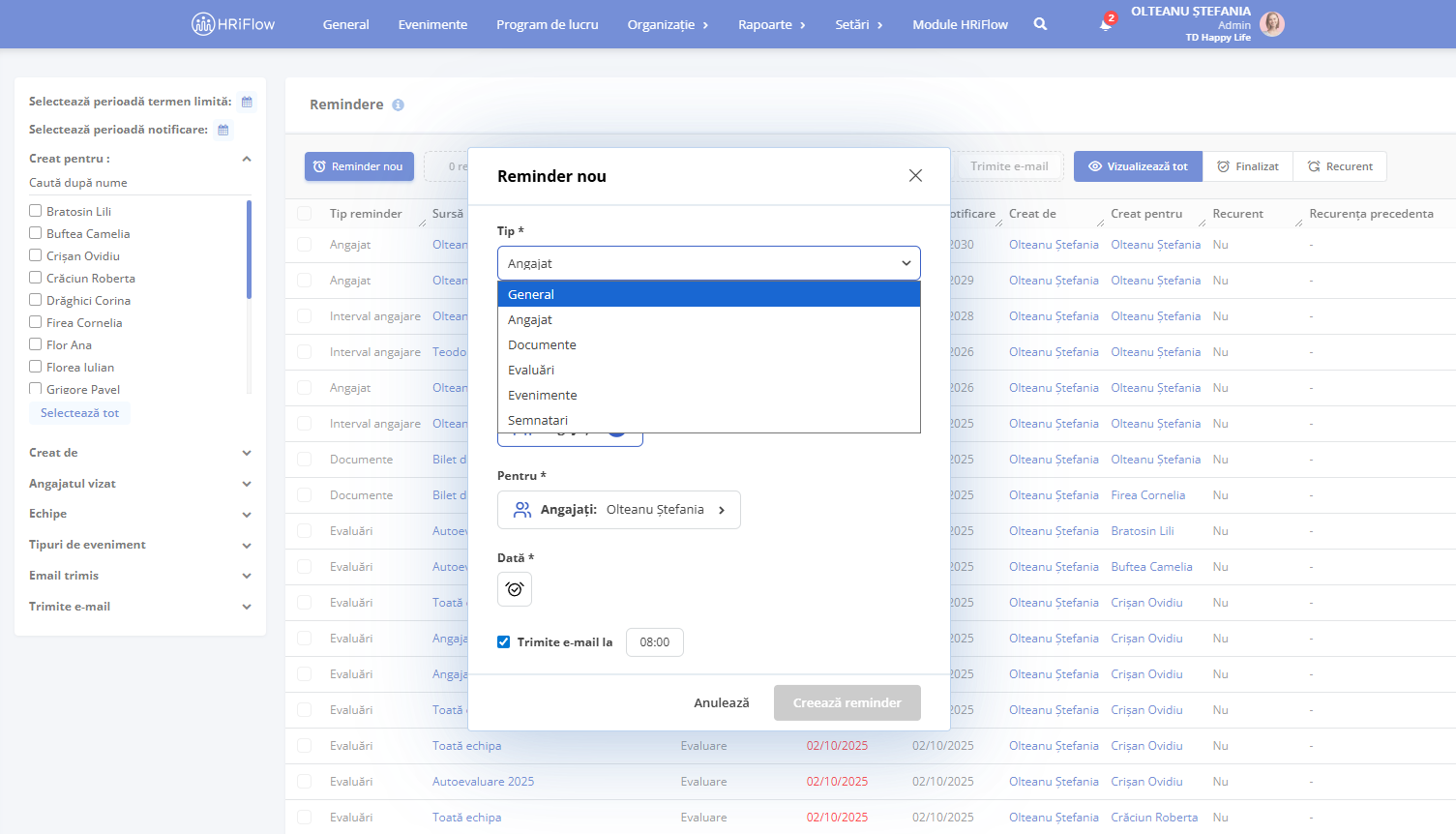 Pași adăugare reminder nou în HRiFlow: Organizație - Remindere - Reminder nou