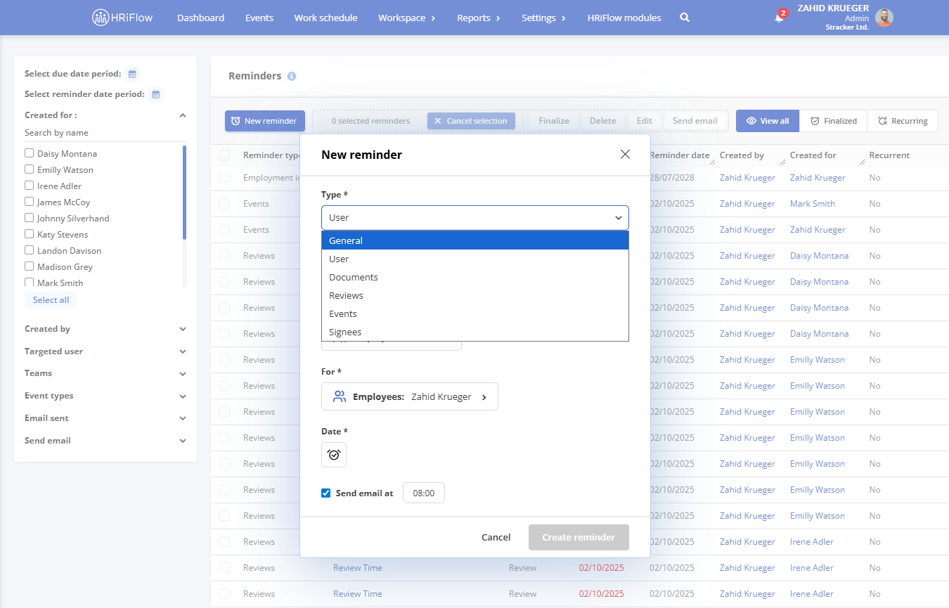 image illustrating how to add a new reminder in the HRiFlow app