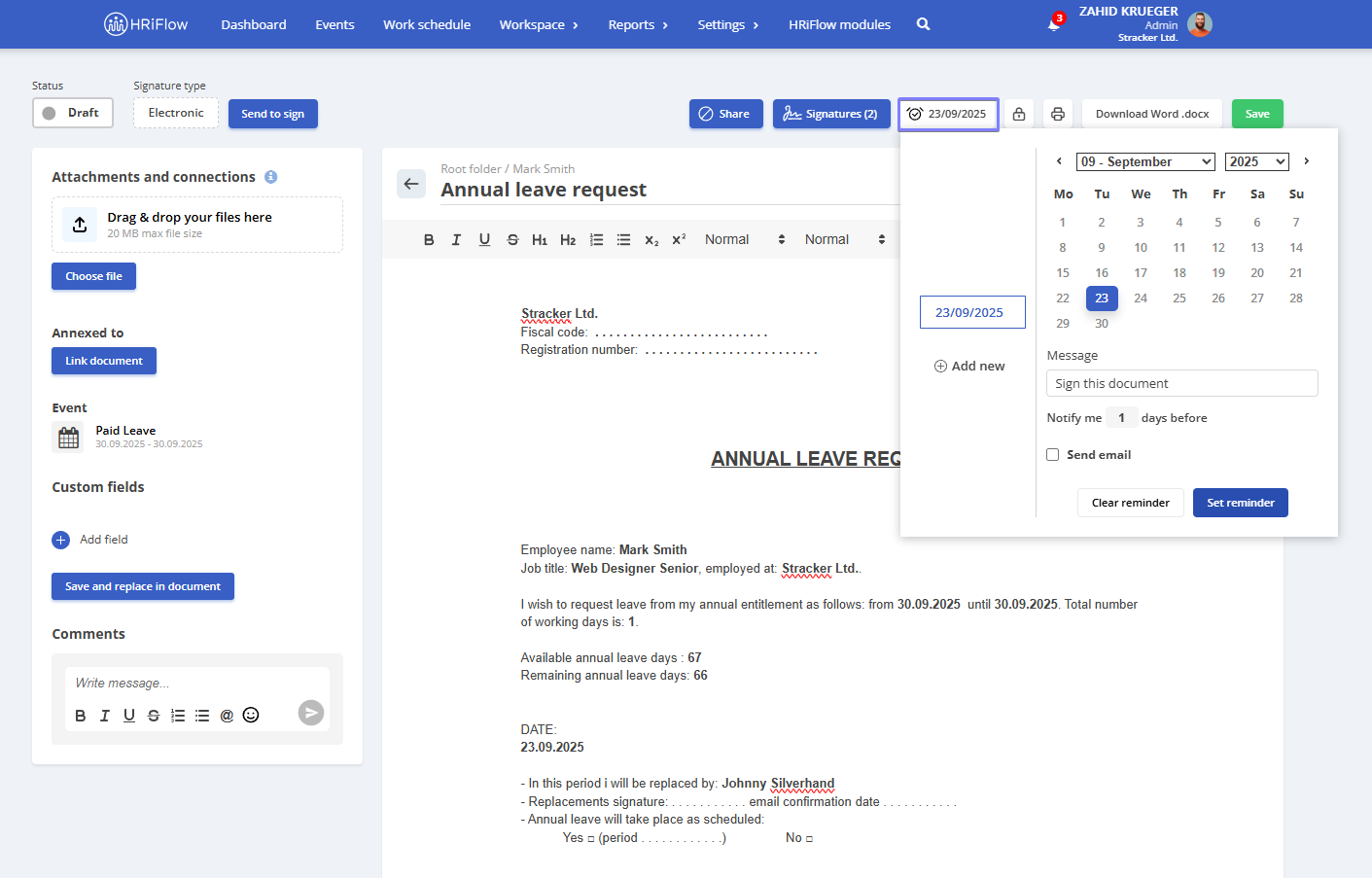 image illustrating how to set a reminder in the documents section from the HRiFlow app