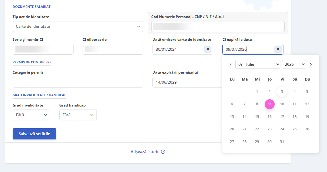 actualizarea datei de expirare a cărții de identitate în HRiFlow