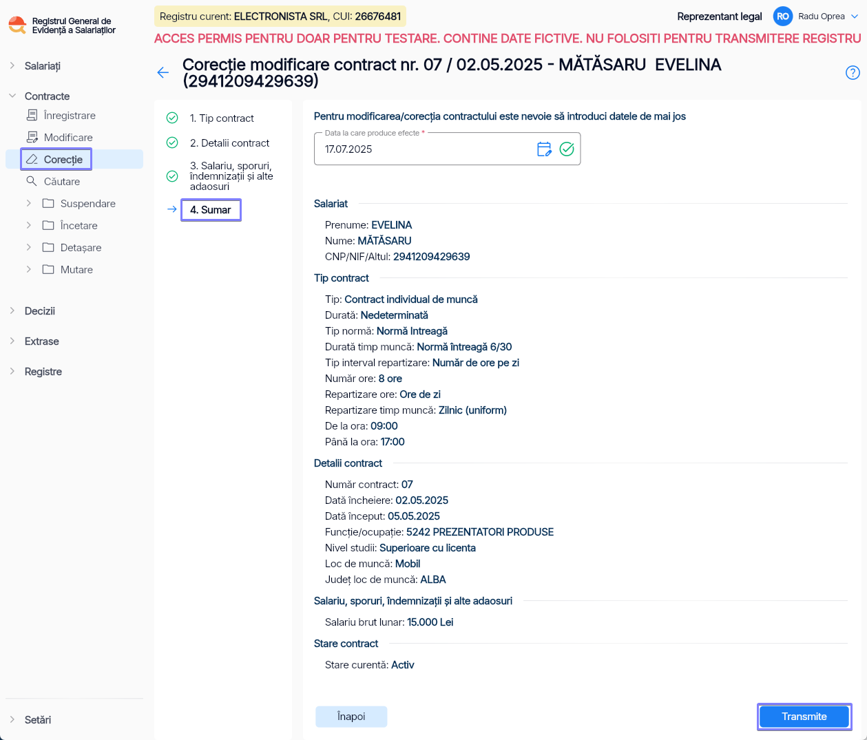 Imagine ilustrativă pași pentru corecția datelor unui salariat în Reges Online - Pasul 4