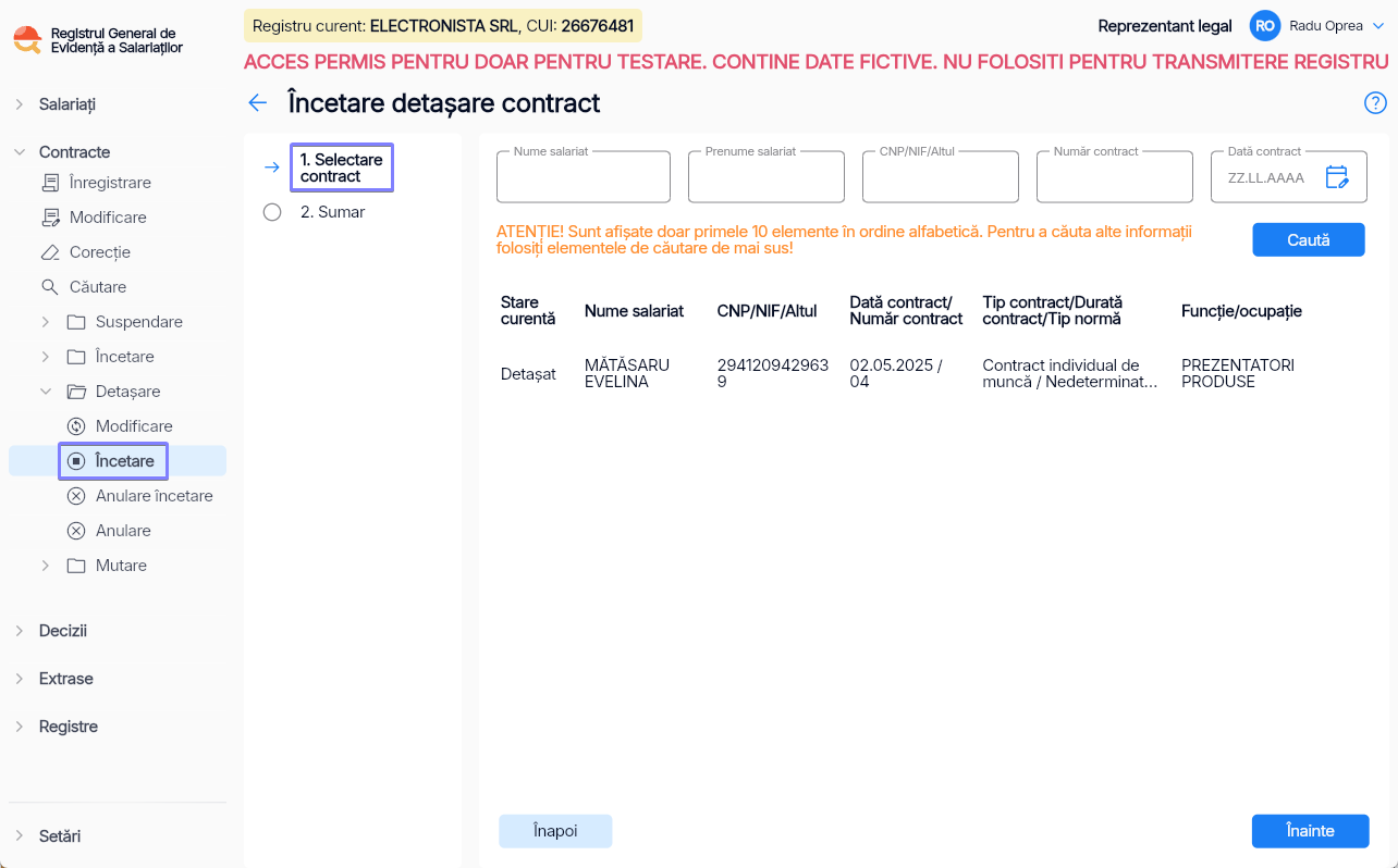 Imagine ilustrativă pași pentru încetarea detașării unui contract în Reges Online - Pasul 1