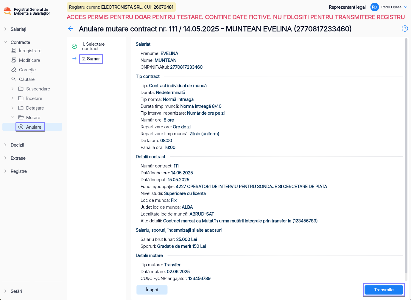 Imagine ilustrativă pași pentru anularea mutării unui contract în Reges Online - Pasul 2