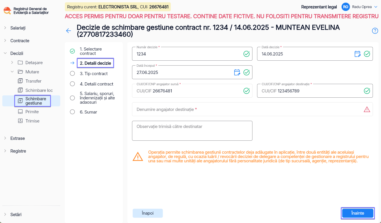 Imagine ilustrativă pași pentru mutarea unui angajat între două structuri de gestiune în  Reges Online Pasul 2