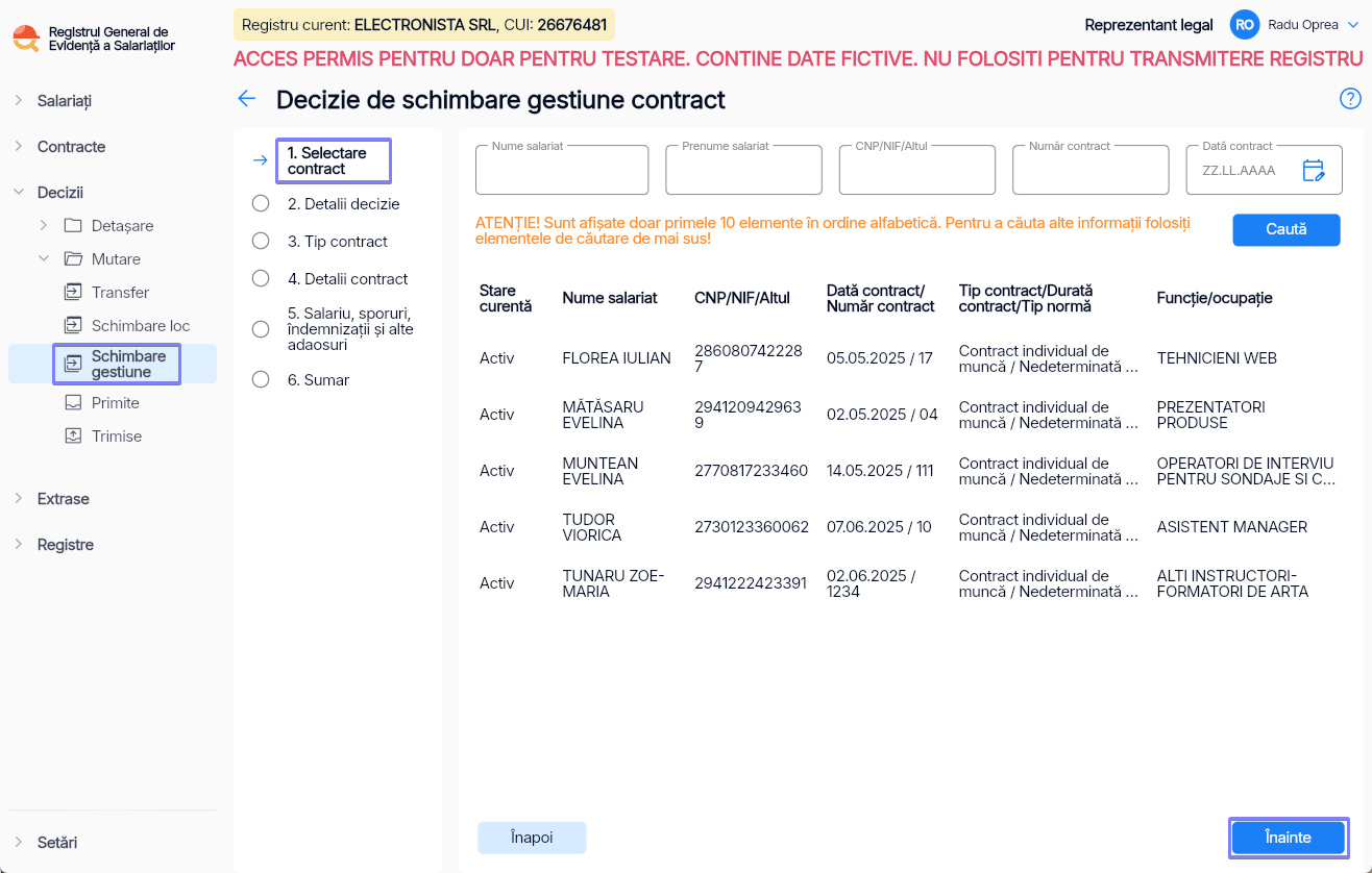 Imagine ilustrativă pași pentru mutarea unui angajat între două structuri de gestiune în  Reges Online Pasul 1
