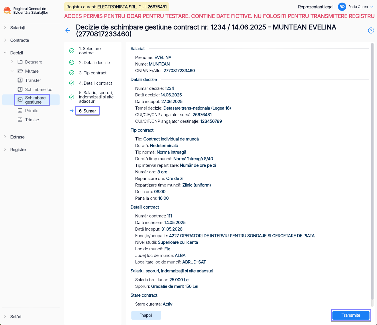 Imagine ilustrativă pași pentru mutarea unui angajat între două structuri de gestiune în  Reges Online Pasul 6