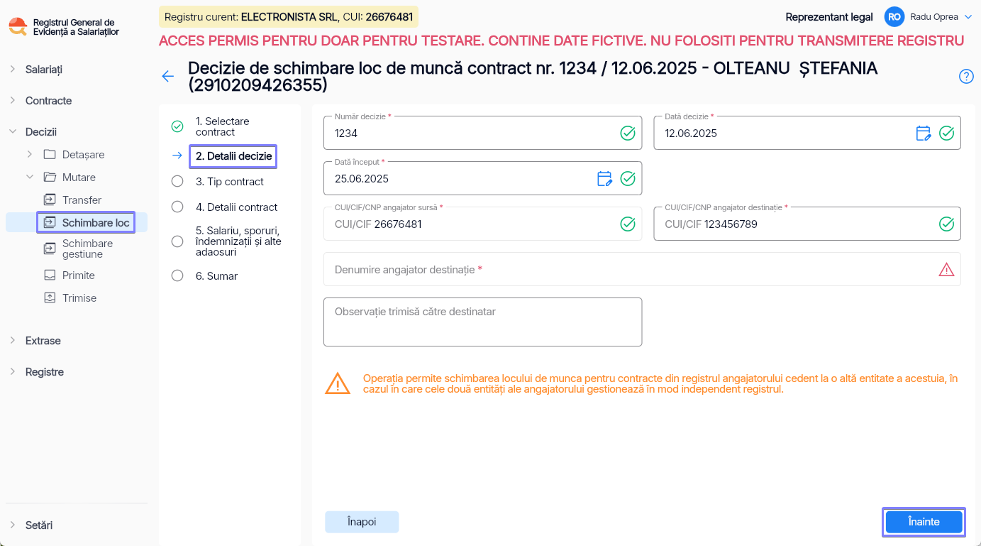 Imagine ilustrativă pași pentru mutarea angajatului într-o altă locație sau punct de lucru în cadrul aceleiași companii în  Reges Online Pasul 2