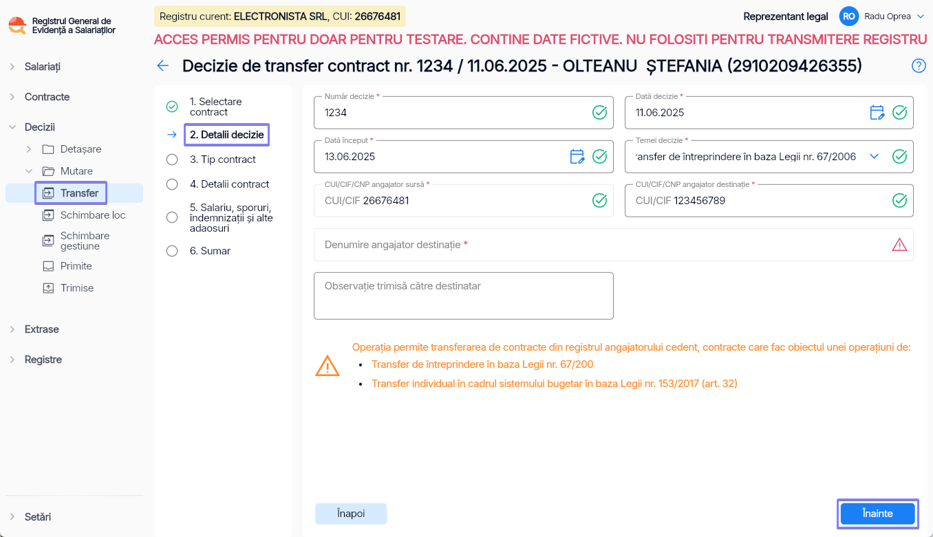 Imagine ilustrativă pași pentru transferarea unui angajat către o altă entitate juridică în  Reges Online Pasul 2