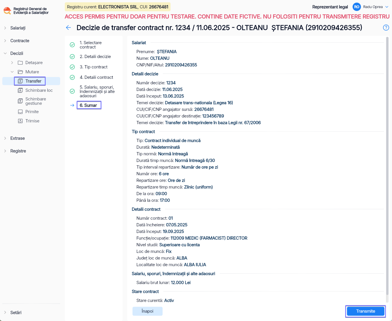 Imagine ilustrativă pași pentru transferarea unui angajat către o altă entitate juridică în  Reges Online Pasul 6