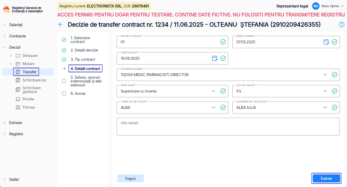 Imagine ilustrativă pași pentru transferarea unui angajat către o altă entitate juridică în  Reges Online Pasul 4