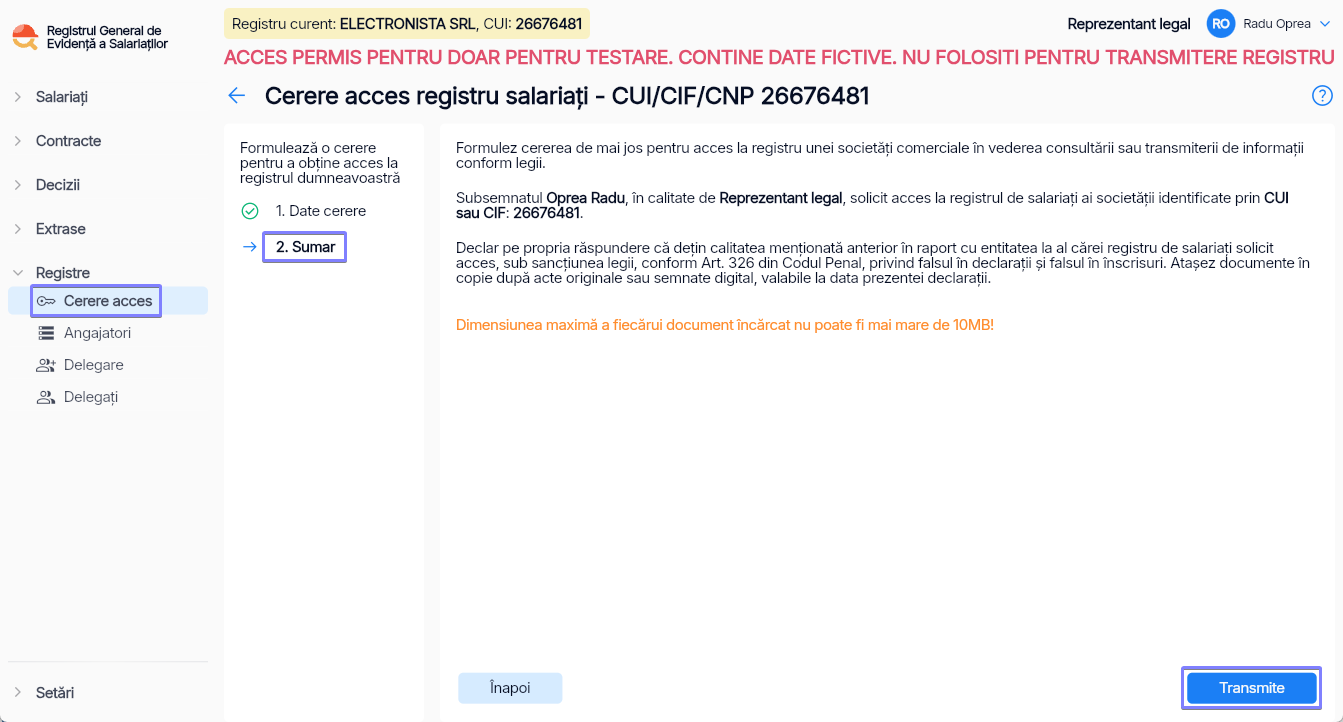 Imagine ilustrativă cu pași pentru solicitarea unei cereri pentru a solicita acces la registrul unei entități în Reges Online Pasul 2