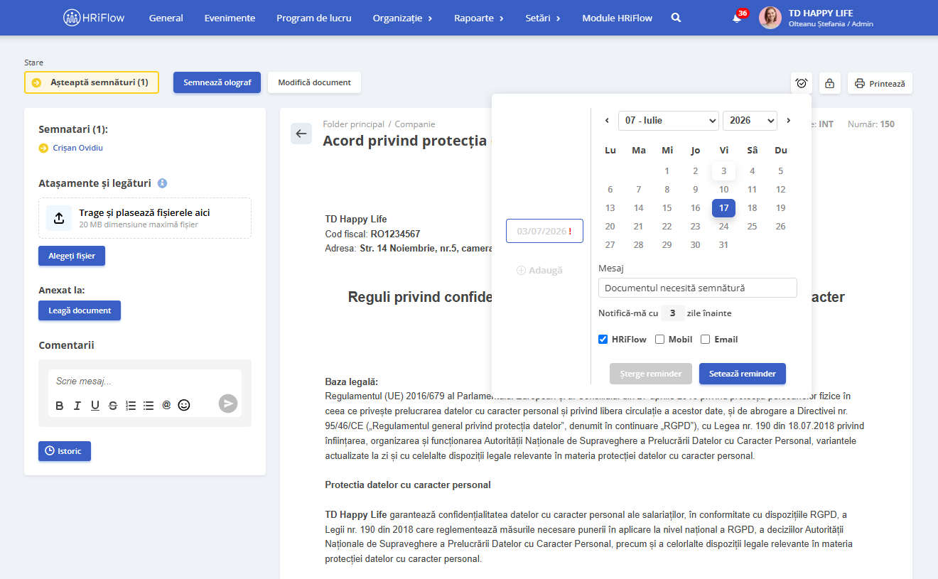 setarea unui reminder pe un document în aplicația HRiFlow