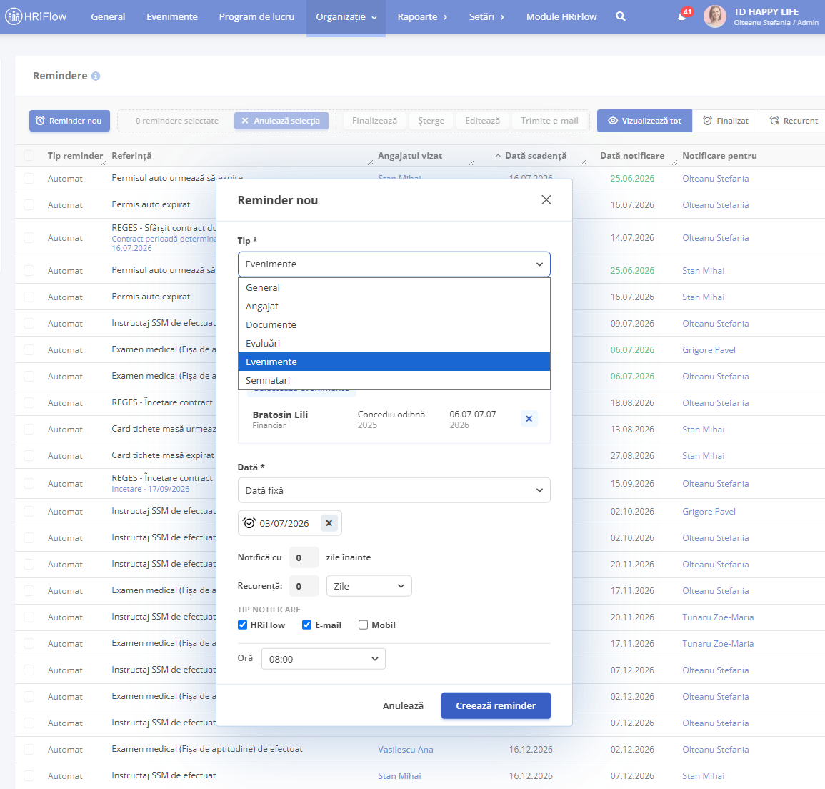 configurarea unui reminder în aplicația HRiFlow