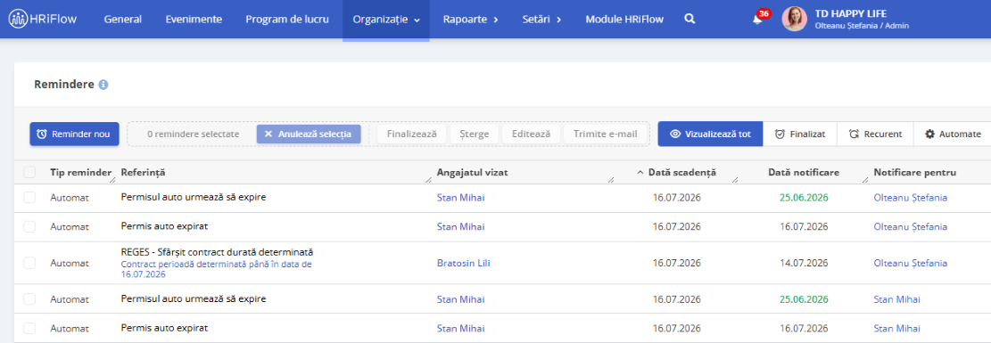 lista documentelor angajaților care urmează să expire în aplicația HRiFlow