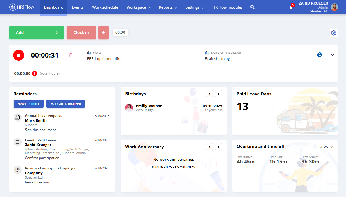 image illustrating the HRiFlow app dashboard with some available widgets