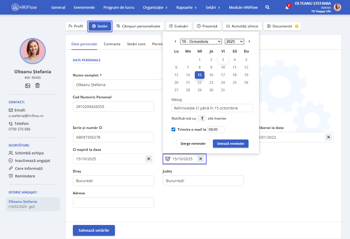 Setare remindere HRiFlow, secțiunea date personale 