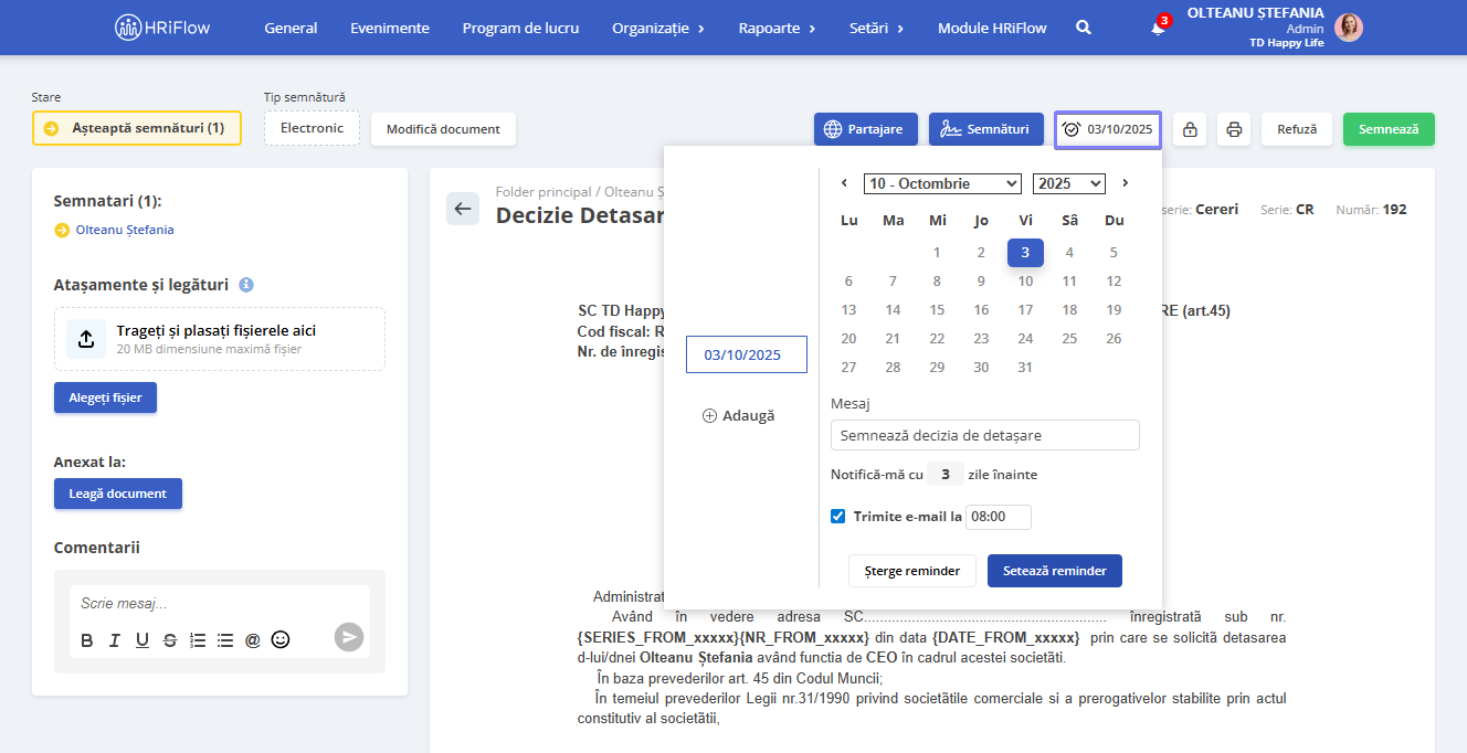 Setare reminder pe documente aplicația HRiFlow