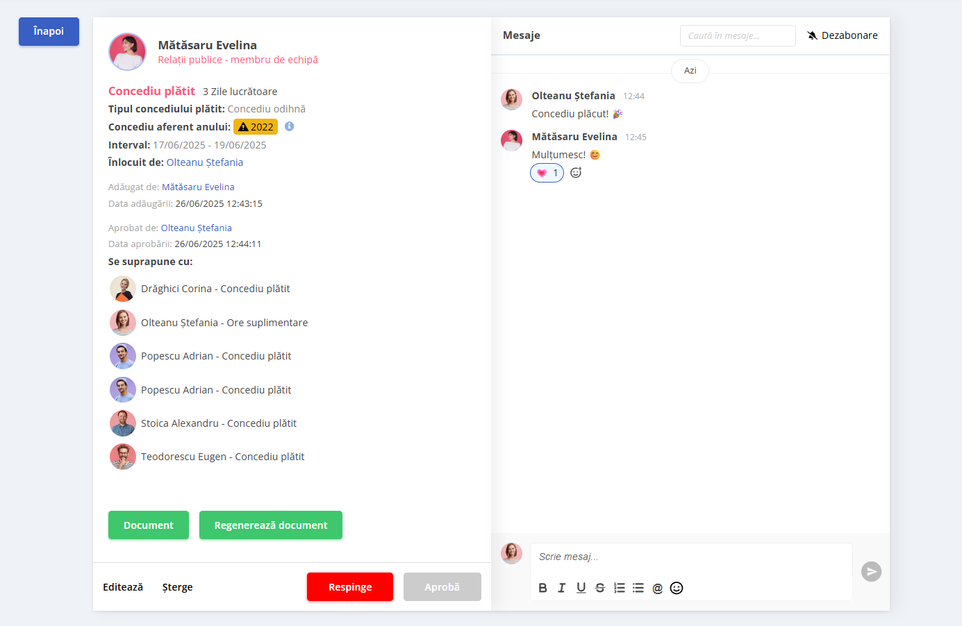 Imagine cu chatul dedicat disponibil în aplicația HRiFlow care facilitează schimbul de informații între angajați