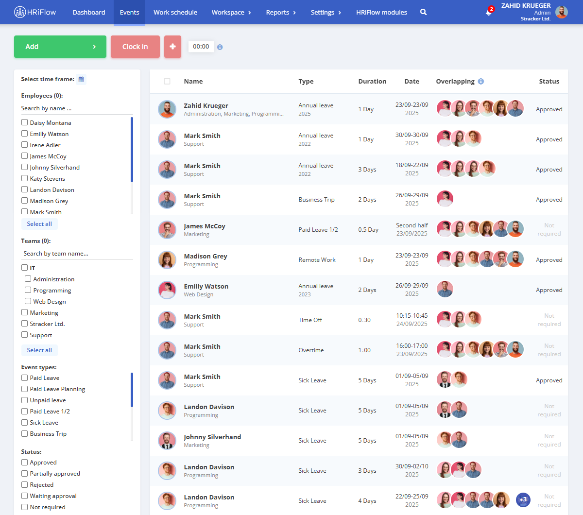 company-wide event history in the HRiFlow leave management software