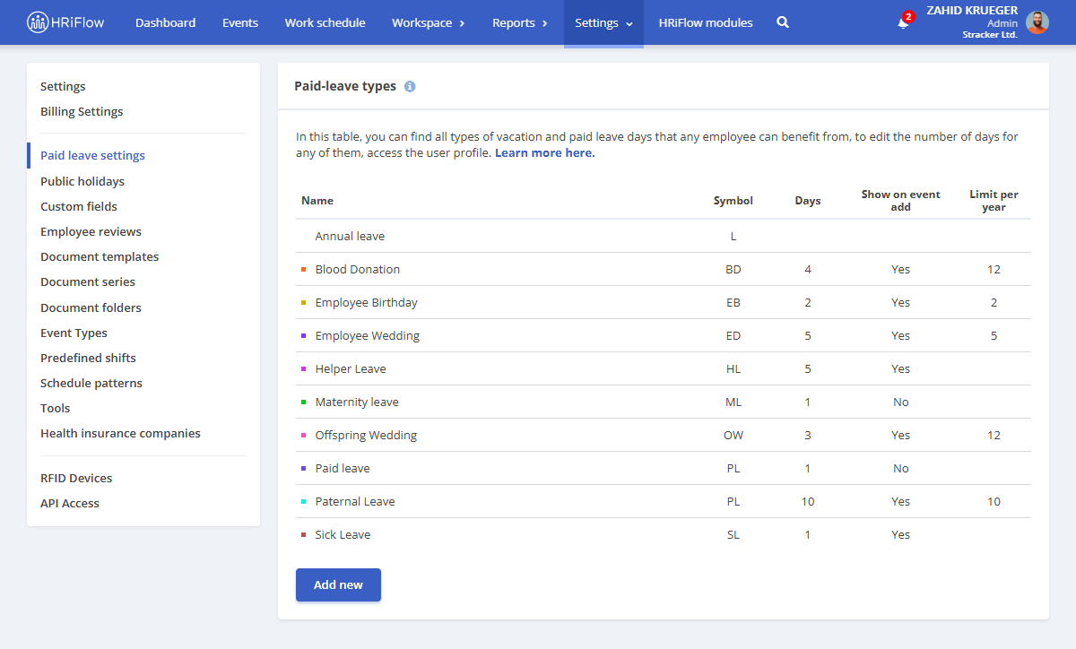 setting custom leave days in HRiFlow leave management software app - go to settings - paid leave settings