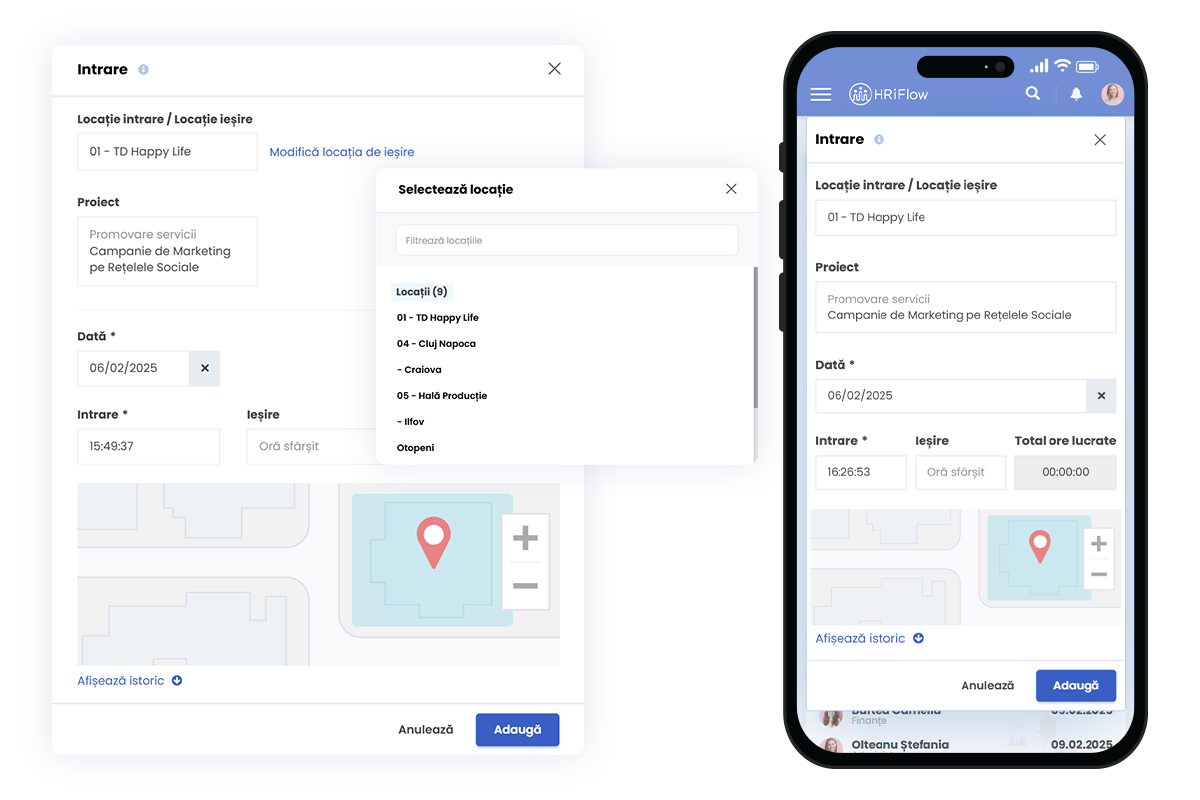 hriflow geofencing location mobile Fisa de pontaj