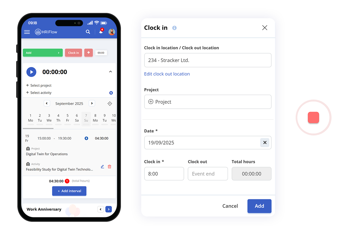 pontare telefon mobil eng Clock-in options