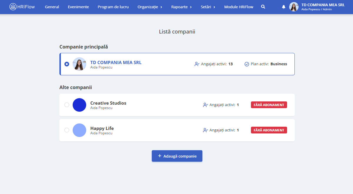 imagine ilustrând noua interfață a secțiunii intitulate "listă companii" 