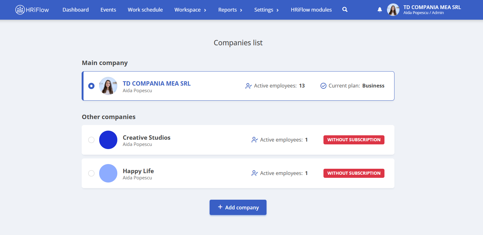 companies list, section in HRiFlow app