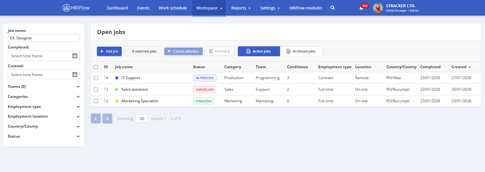 the open jobs section, recruitment module in HRiFlow