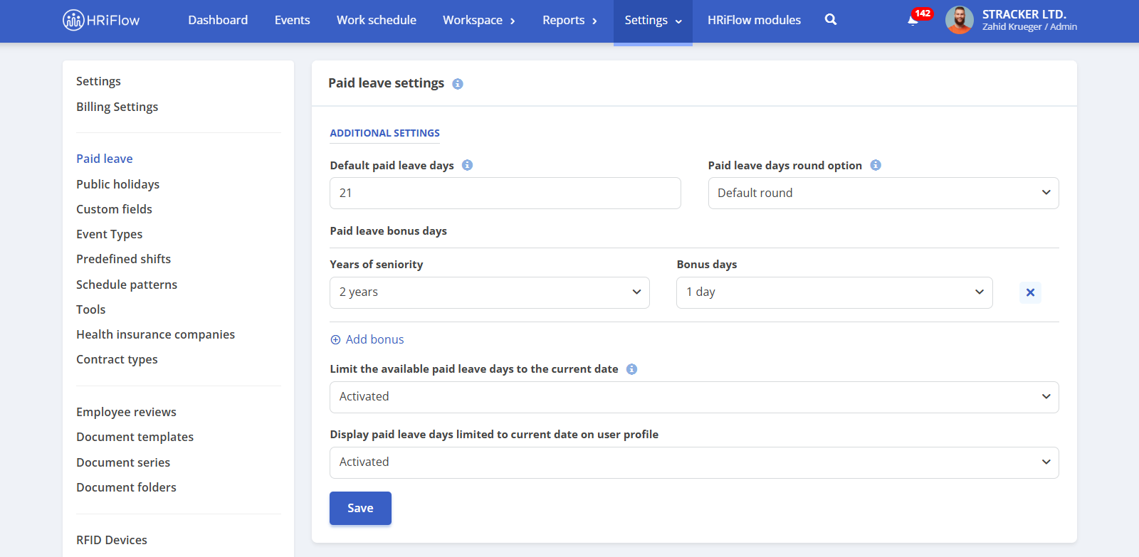 paid leave settings, section in the HRiFlow app