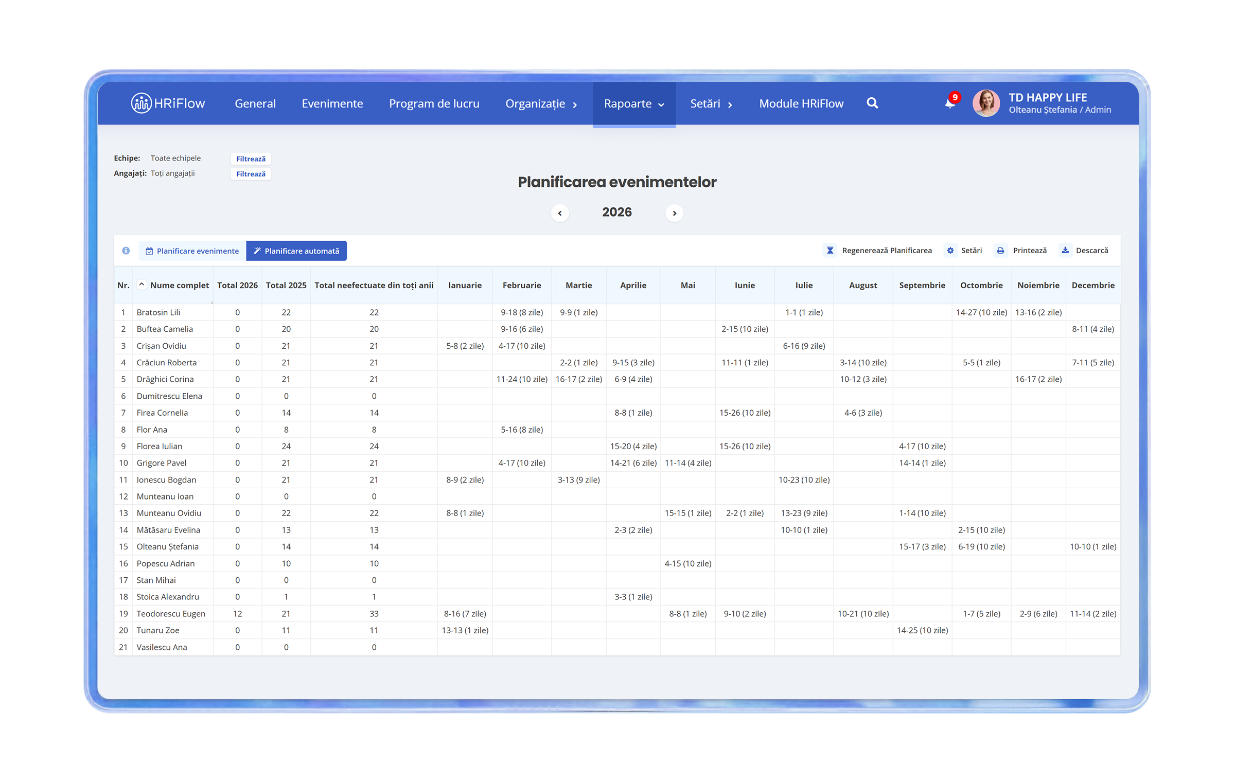 tablet planificare evenimente