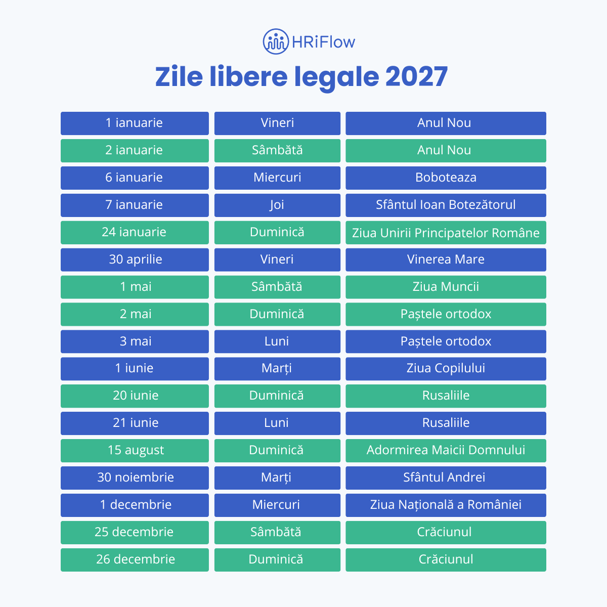 calendarul zilelor libere legale din 2027