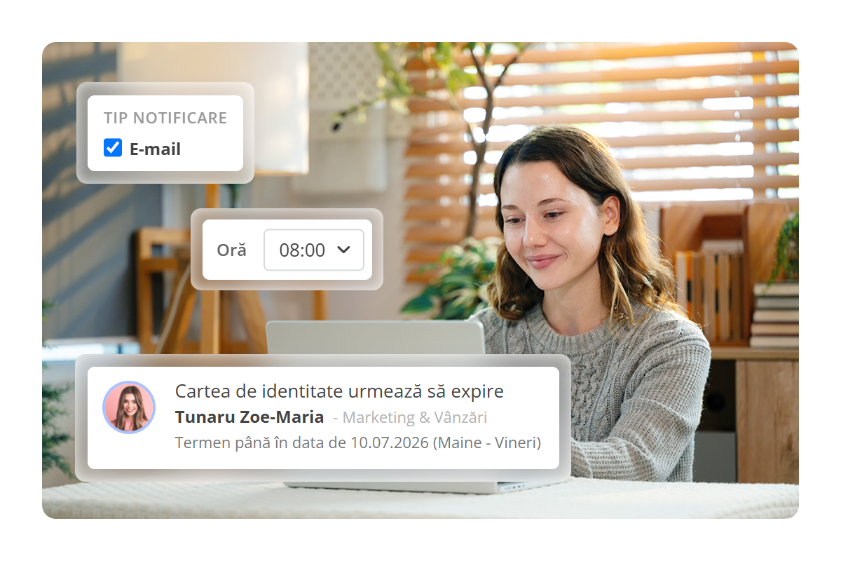 remindere setare ora angajată primind o notificare despre expirarea cărții de identitate în aplicația HRiFlow