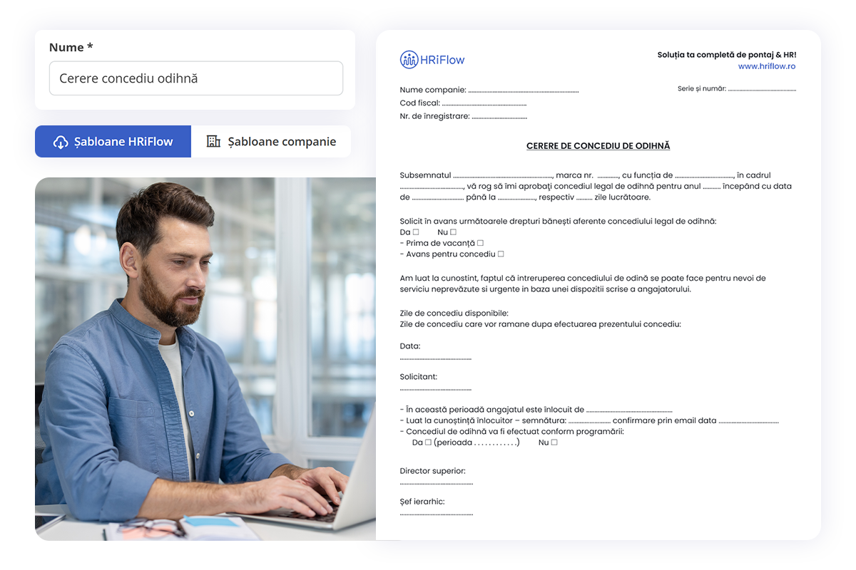 cerere concediu odihna hriflow app reprezentantul HR în fața calculatorului, generând o cerere de concediu de vechime