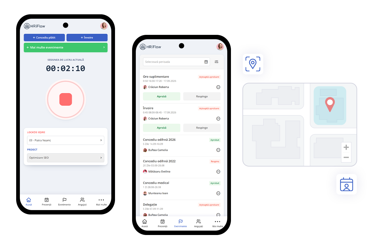 mobile app hriflow aaa interfața aplicației mobile de pontaj HRiFlow